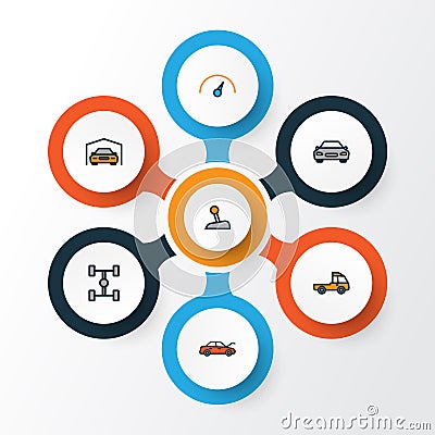 Auto Colorful Outline Icons Set. Collection Of Shed, Automobile, Level And Other Elements. Also Includes Symbols Such As Vector Illustration