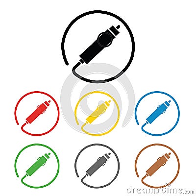 Auto connector signs set, on colored circles, on white. A set of coloured 8 icon. Flat design illustration.12 V cigarette Vector Illustration