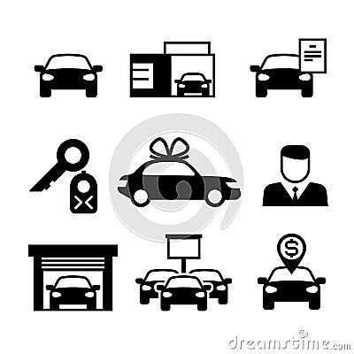 Auto dealership, car industry selling, buying and renting vector icons Vector Illustration