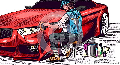 Auto detailing. Dry cleaning motor. Man washing and polishing car. Vehicle service or Automobile center. Hand drawn Vector Illustration