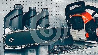 Auto detailing supplies chain saw motor oil bottle Stock Photo