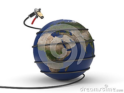 Auto gas nozzle squeezing earth. 3d illustration Cartoon Illustration