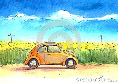 Auto, illustration, watercolor, sky, field Stock Photo