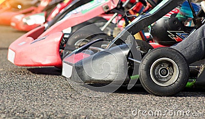 Auto karting competition, karting wheel close-up, motor racing Stock Photo