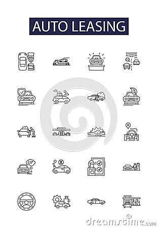 Auto leasing line vector icons and signs. leasing, cars, vehicle, rent, lease, motor, contracts, finance outline vector Vector Illustration