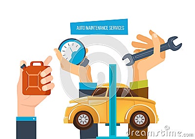 Auto maintenance services. Car diagnostic, auto maintenance test, diagnostics center. Vector Illustration