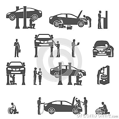 Auto mechanic black icons set Vector Illustration