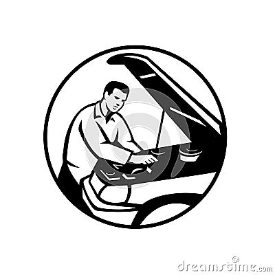 Auto Mechanic Car Repair Circle Retro Black and White Vector Illustration