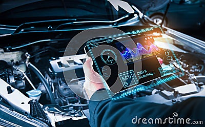 Auto mechanic checking ECU engine system with OBD2 wireless scanning tool and car information showing on screen interface Stock Photo