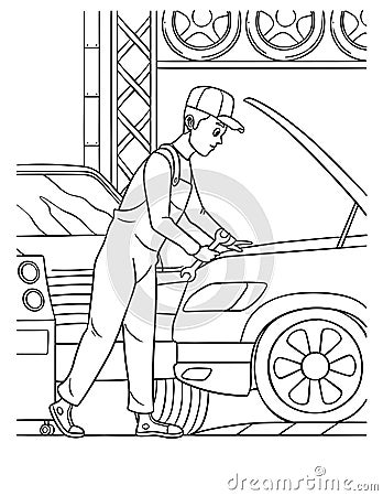 Auto Mechanic Coloring Page for Kids Vector Illustration