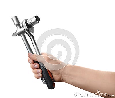 Auto mechanic holding different wrenches isolated on white Stock Photo
