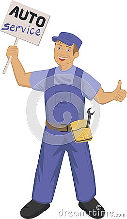 Auto mechanic with poster Vector Illustration