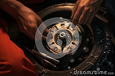 Auto mechanic repairing car wheel in auto repair shop. Auto service industry. Stock Photo