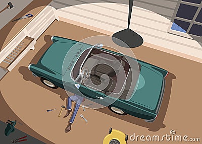 Auto mechanic repairs his car in the garage Cartoon Illustration