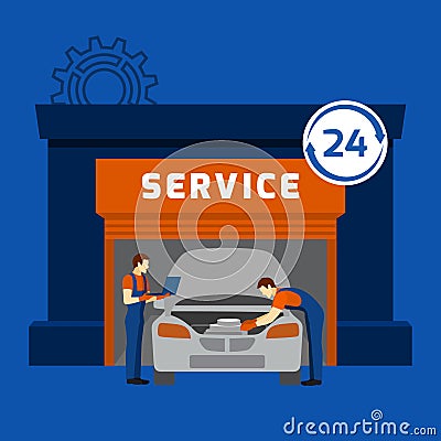 Auto mechanic service center flat banner Vector Illustration