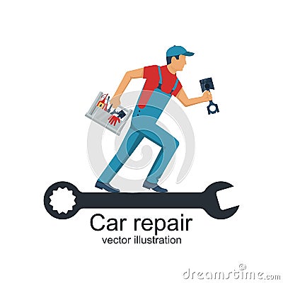 Auto mechanic with toolbox and spare parts for repair of cars Vector Illustration