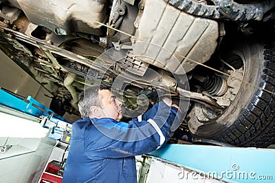 Auto mechanic at wheel alignment work with spanner Stock Photo