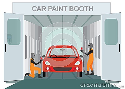 Auto mechanic worker painting new car at car paint booth. Vector Illustration