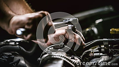 Auto mechanic working on car engine in mechanics garage. Repair service Stock Photo