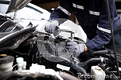 Auto mechanic working on car engine in mechanics garage.Repair service,car service, repair, maintenance concept Stock Photo