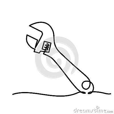 Auto Mechanic wrench. Adjustable spanner. Continuous One line Vector Illustration