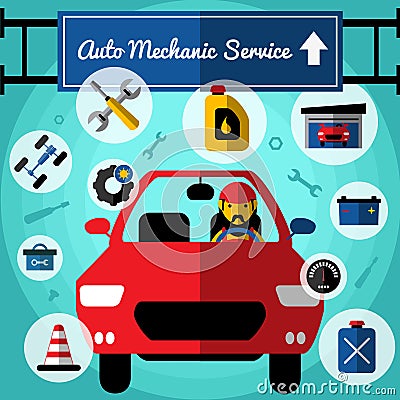 Auto Mechanical Service Decorative Icons Set Vector Illustration