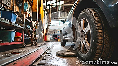 Auto mechanics modifying SUV engine in garage. Generative Ai Stock Photo