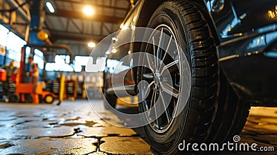 Auto mechanics modifying SUV engine in garage. Generative Ai Stock Photo