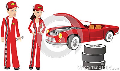 Auto mechanics and racing car Vector Illustration