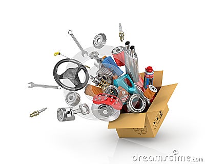 Auto parts in the card box. Stock Photo