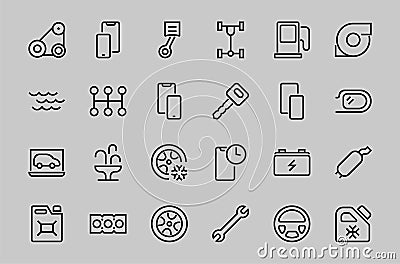 AUTO PARTS Set of Icons related vector line icons. Contains icons such as parts, oil, diagnostics, turbine, steering Vector Illustration