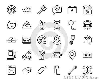 AUTO PARTS Set of Icons related vector line icons. Contains icons such as parts, oil, diagnostics, turbine, steering Vector Illustration