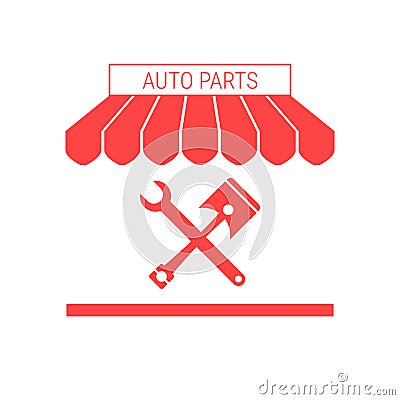 Auto Parts Shop, Car Repair Single Flat Vector Icon. Striped Awning and Signboard Vector Illustration