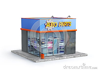 Auto parts store isolated on a white background. Cartoon Illustration