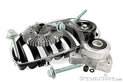 Auto parts. viscous muff. belt tensioner. bolts. radiator grille Stock Photo