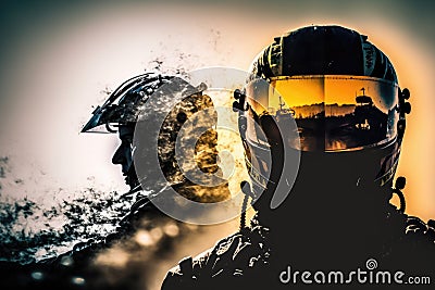 auto race driver blurred silhouettes racing double exposure Stock Photo