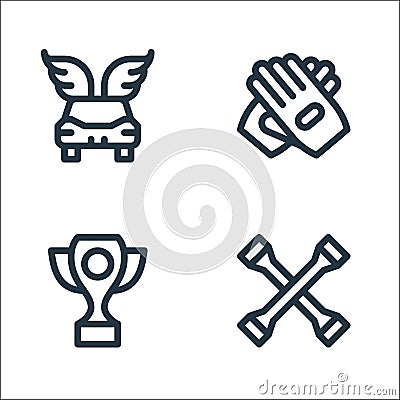 Auto racing line icons. linear set. quality vector line set such as cross wrench, trophy, glove Vector Illustration