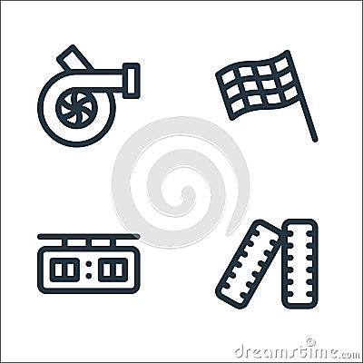 auto racing line icons. linear set. quality vector line set such as wheels, time, finish flag Vector Illustration