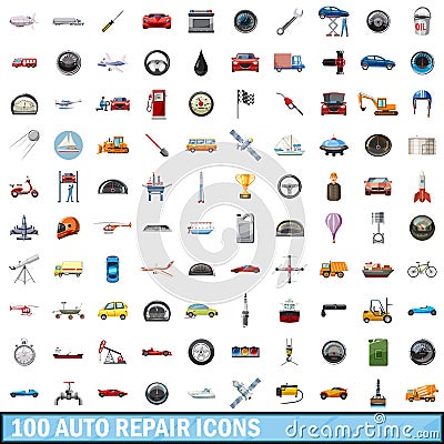 100 auto repair icons set, cartoon style Vector Illustration