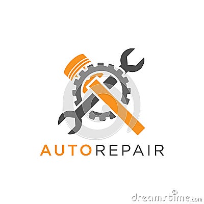 Auto repair logo design with piston and wrench inside a gear Vector Illustration