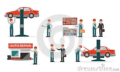 Auto Repair Service Center Vector Illustrations Set. Tire Servicing Person Working Vector Illustration