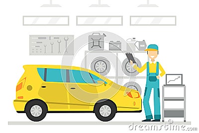 Auto Repair Service, Auto Mechanic Character in Overalls Making Computer Diagnostics of Automobile Vector Illustration Vector Illustration