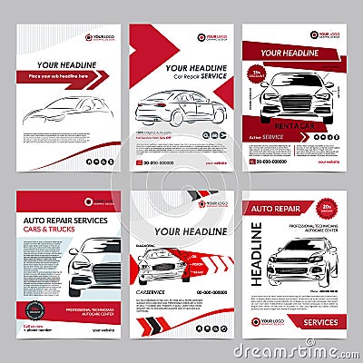 Auto repair Services business layout templates set, automobile magazine cover, auto repair shop brochure, mockup flyer. Vector Illustration