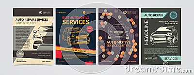 Auto repair Services business layout templates set, cars for sale Vector Illustration