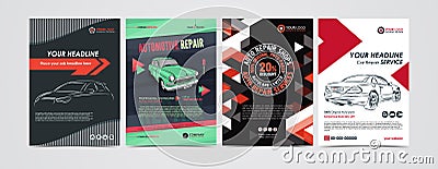 Auto repair Services business layout templates set, cars for sale & rent brochure, mockup flyer. Vector Illustration