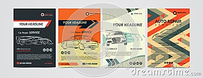 Auto repair Services business layout templates set, cars for sale & rent brochure, mockup flyer. Vector Illustration