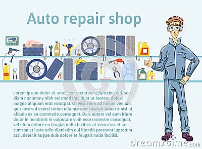 Auto repair shop. Mechanic man holding a wrench. Vector illustration with copy space, template for advertising flyer or Vector Illustration