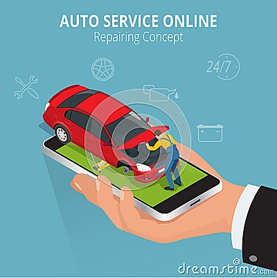 Auto repairing concept. Auto service online. Car repair service center. Tire service flat set with shop car repair Vector Illustration