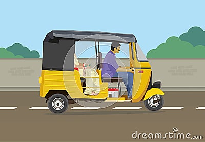 Auto rickshaw with cityscape Vector Illustration