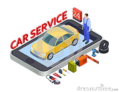 Auto services mobile app. Isometric car service vector concept with auto, repair equipment, tires, technician Vector Illustration